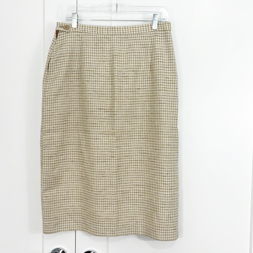 Vintage 90s Size 44 EU Large Cream, Brown Plaid Wool Blend Pencil Skirt